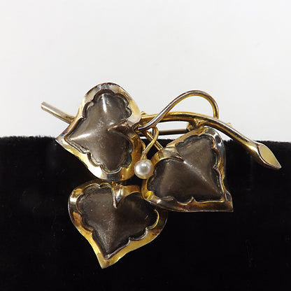 Vintage CREED Sterling Silver Floral Brooch with 12K GF & Pearl, Mid-Century