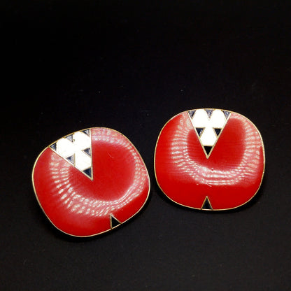 Laurel Burch "Mantra" Large Clip Earrings, Red White Black Enamel, Gold Plated, 1980s Vintage Jewelry