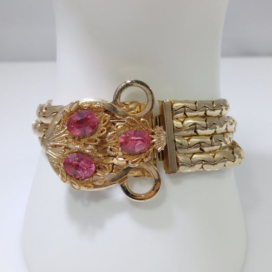 Pink Rhinestone Curb Chain Bracelet, Gold Plated, 1960s Vintage Jewelry