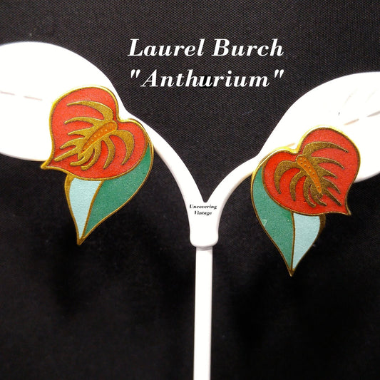 Vintage Laurel Burch "Anthurium" Post Earrings, Red Flower Enamel