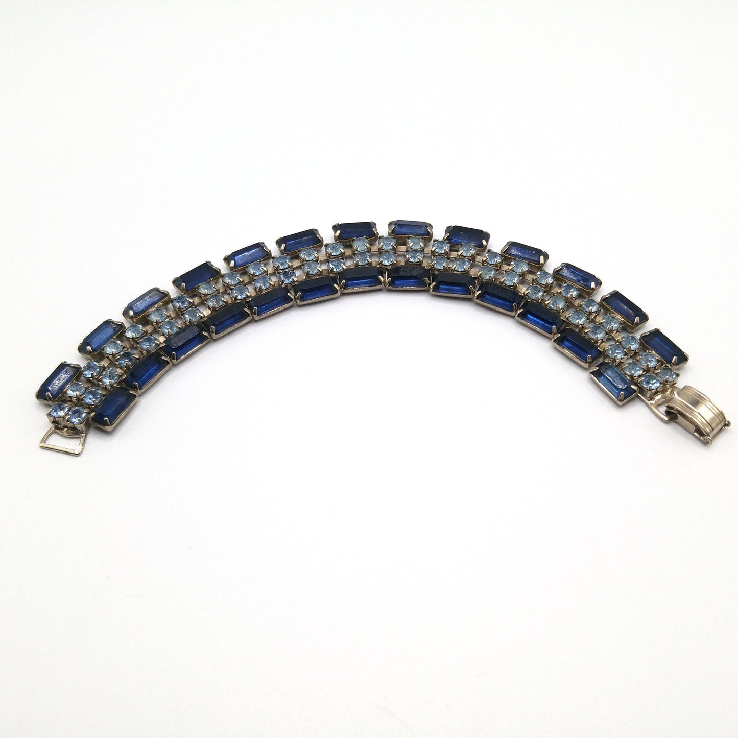 Blue Rhinestone Wide Bracelet, Darker Lighter Blue, Mid-Century, 1950s Vintage Jewelry