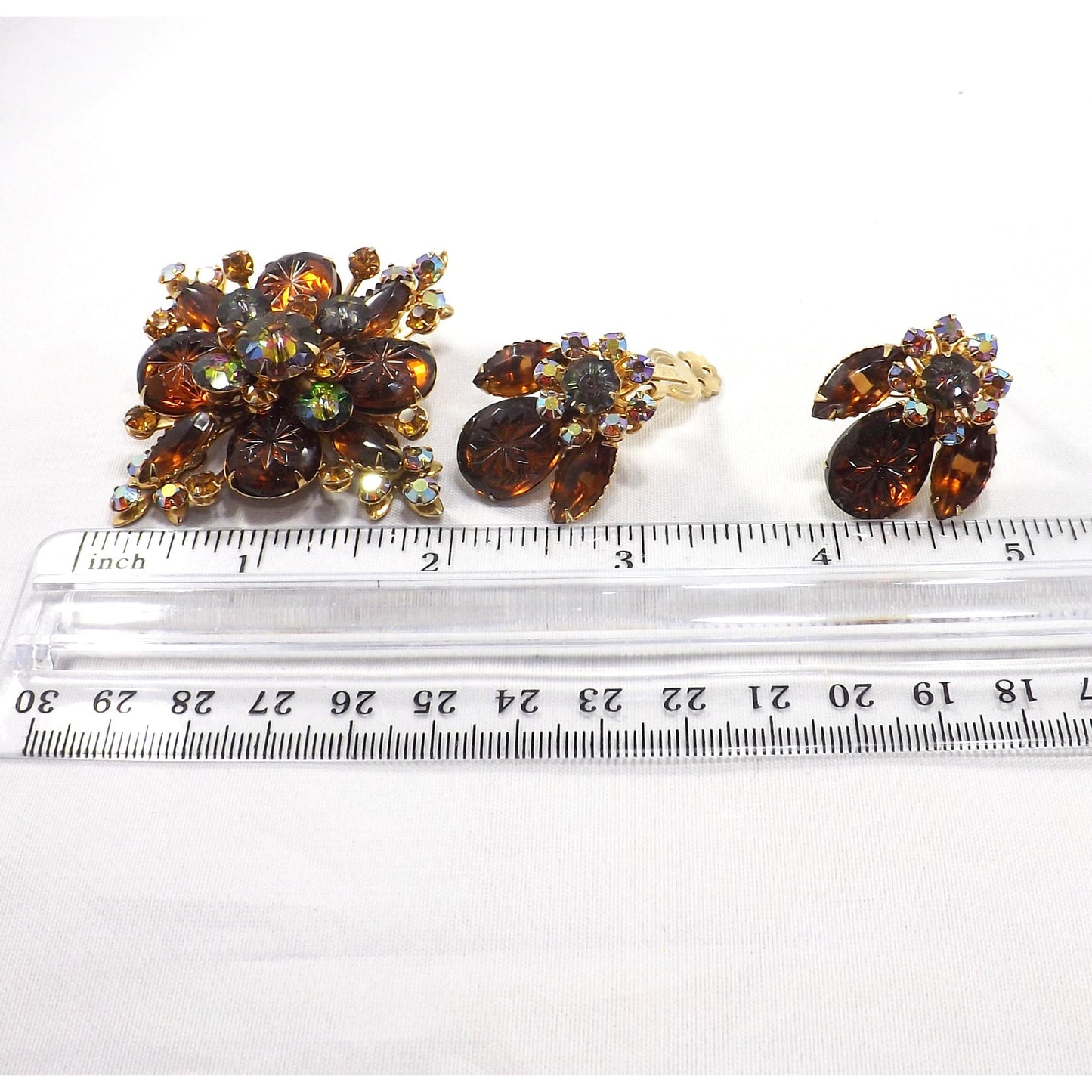 Vintage Beau Jewels Root Beer Molded Glass Watermelon Rhinestone Brooch Set