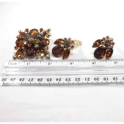 Vintage Beau Jewels Root Beer Molded Glass Watermelon Rhinestone Brooch Set