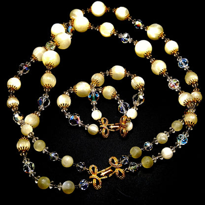 Vendome White Frosty Lucite & Crystal Jewelry, Necklace Bracelet Set, 1960s Vintage Jewelry