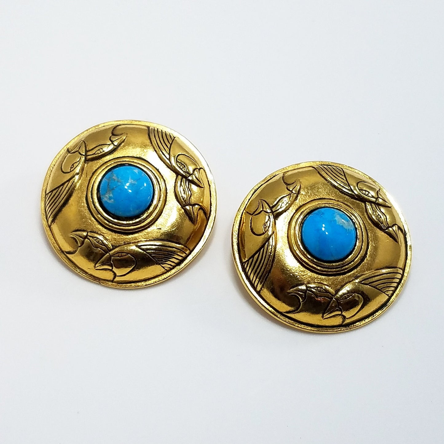 Laurel Burch Turquoise & Gold Bird Earrings, Gemstone, Gold Plated, 1980s