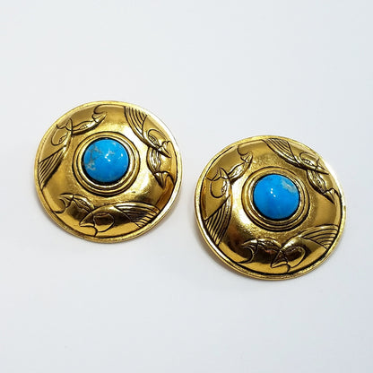 Laurel Burch Turquoise & Gold Bird Earrings, Gemstone, Gold Plated, 1980s