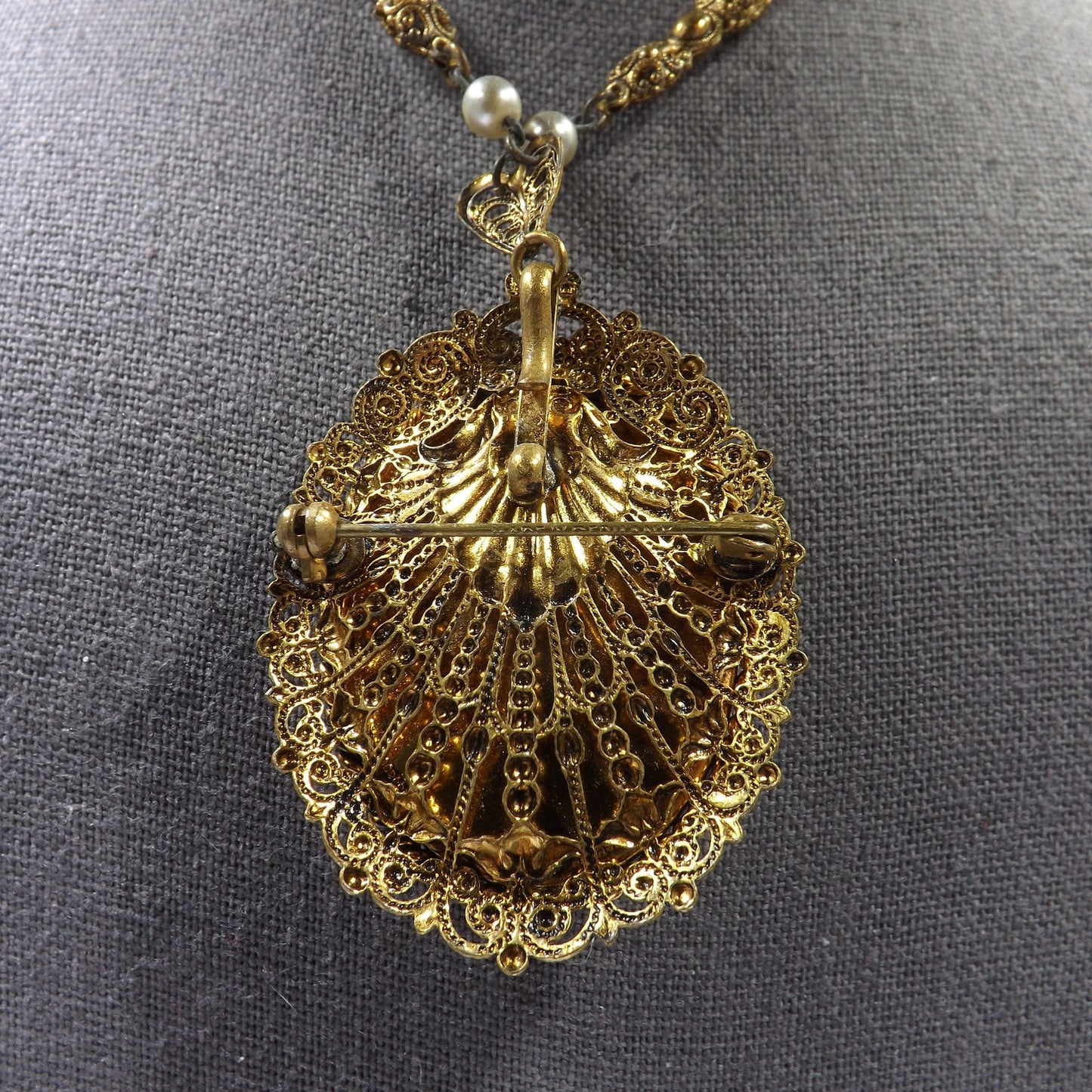 Germany Cameo Pendant Necklace Brooch Earrings Set, Filigree 1940s Vintage Jewelry