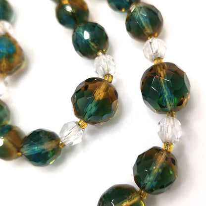 Vintage Czech Two Toned Glass Bead Long Necklace, Teal & Topaz Faceted Beads, 1970s Vintage Jewelry