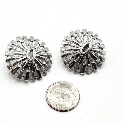 Vintage Crown Trifari Rhodium Plated Clip Earrings, Mid-Century Sunburst Jewelry