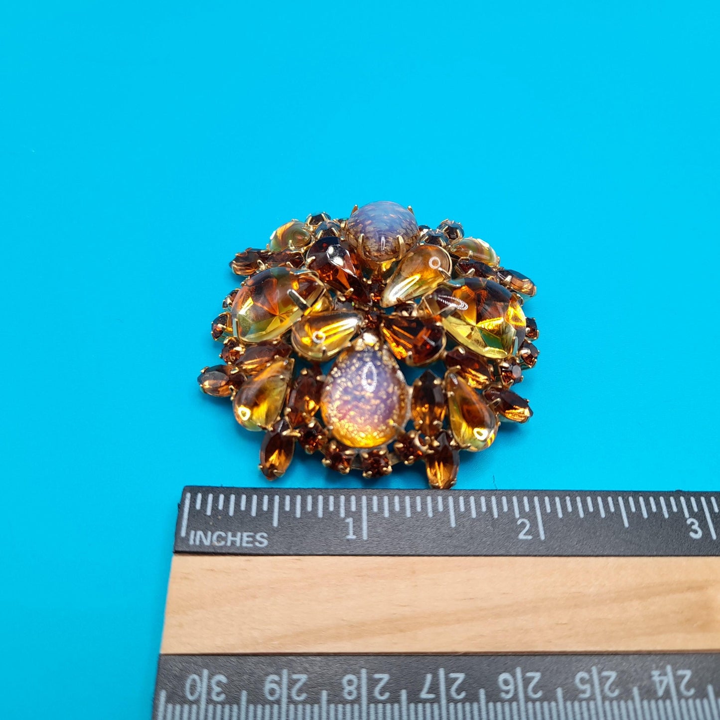 Vintage Weiss Brooch, Art Glass Cabochons, Gold Plated, 1960s Jewelry