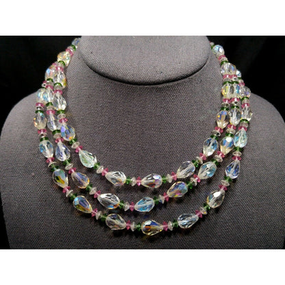 Vendome Crystal Aurora Borealis Pastel Beaded Necklace, 3 Strands Pink Green Crystal Beads, 1960s Vintage Jewelry