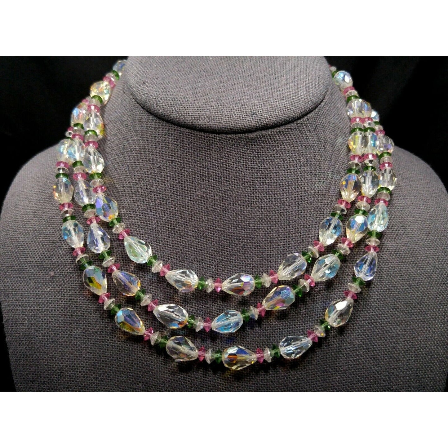 Vendome Triple Strand AB Crystal Necklace Pastel Pink Green Beads Vintage 1950s