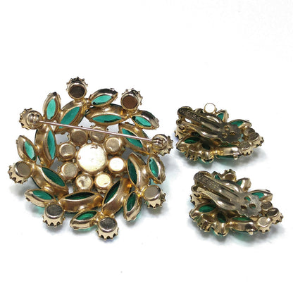 Vintage Weiss Emerald Green Brooch & Earrings, Aurora Borealis, Gold Plated