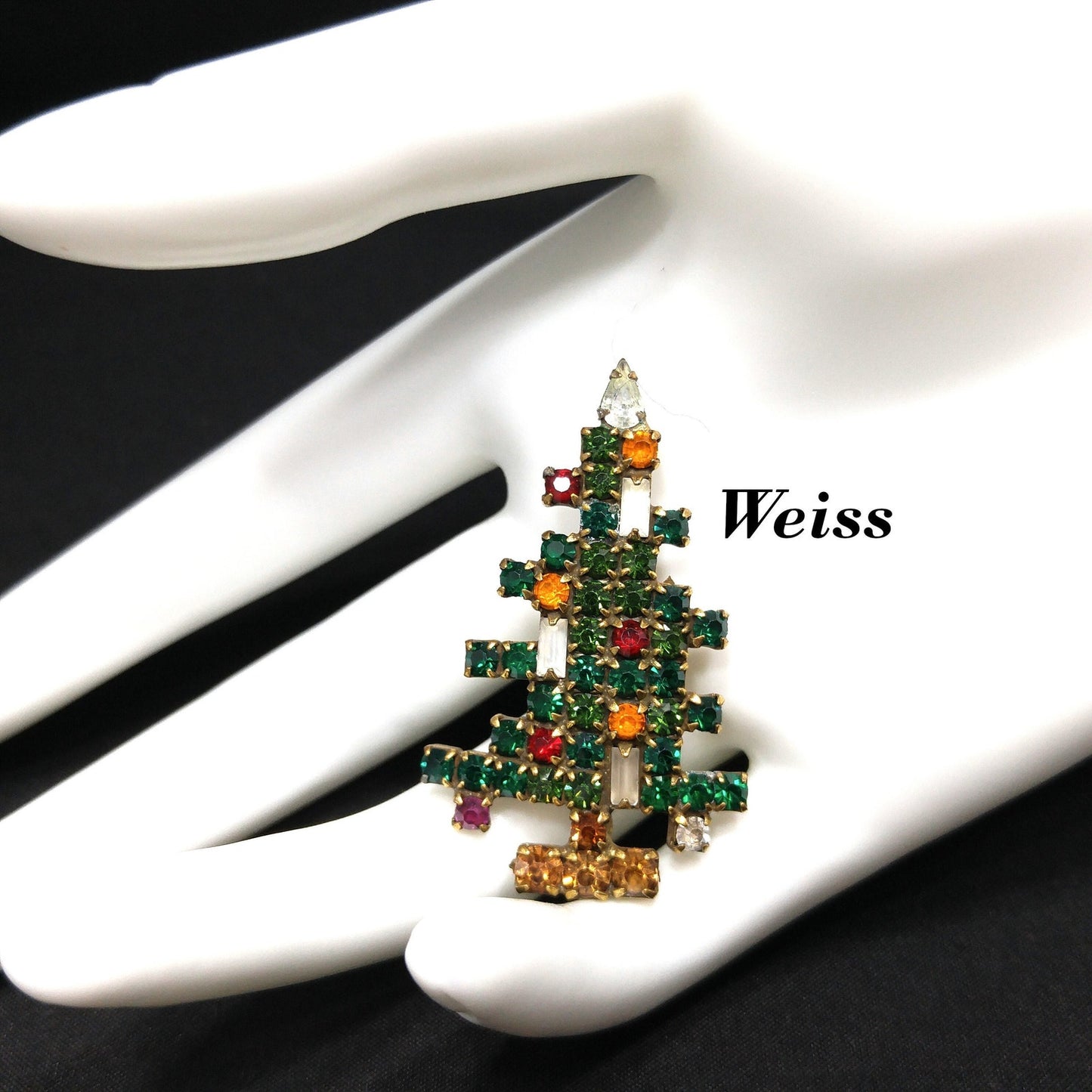 Weiss Christmas Tree Brooch, Three Baguette Candles, Book Piece, 1950s Vintage Jewelry