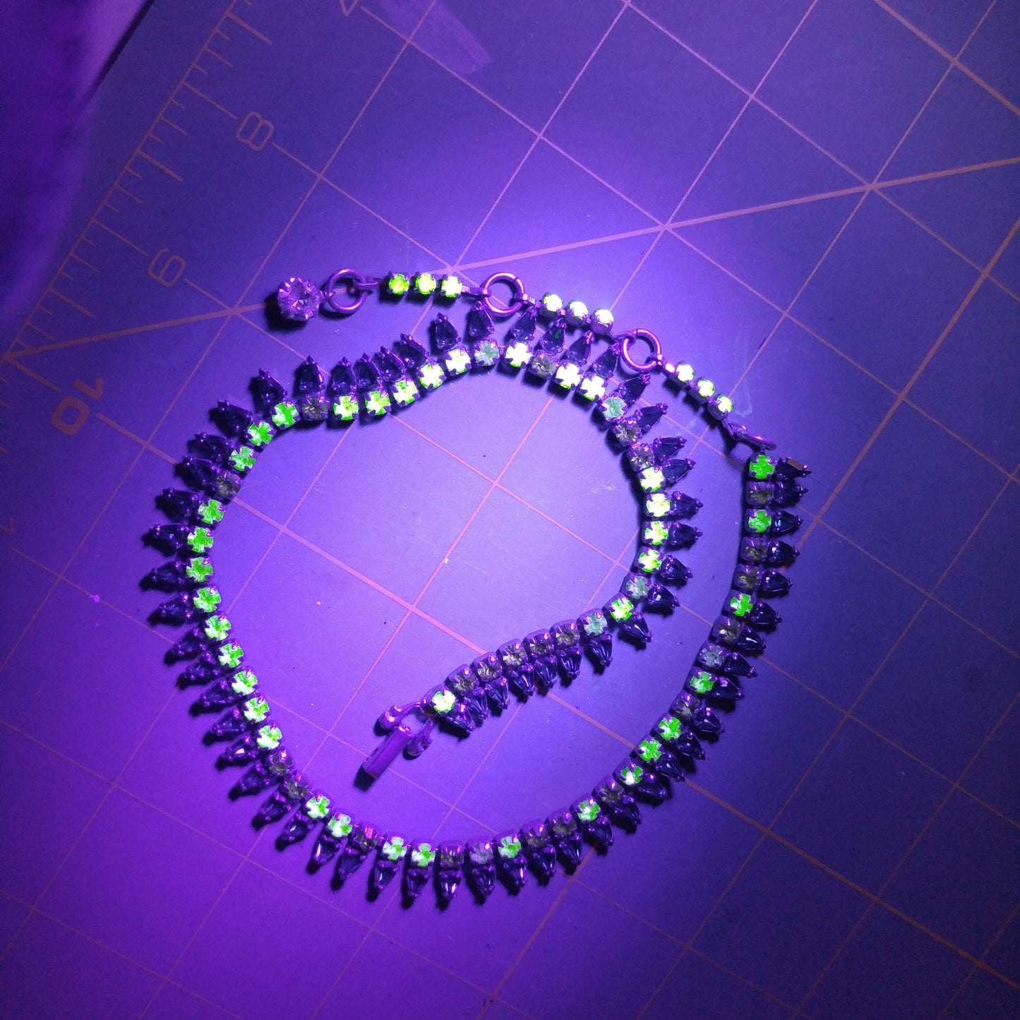 Vintage Sherman Green Rhinestone Necklace, Vaseline or Uranium Glass, 1950s