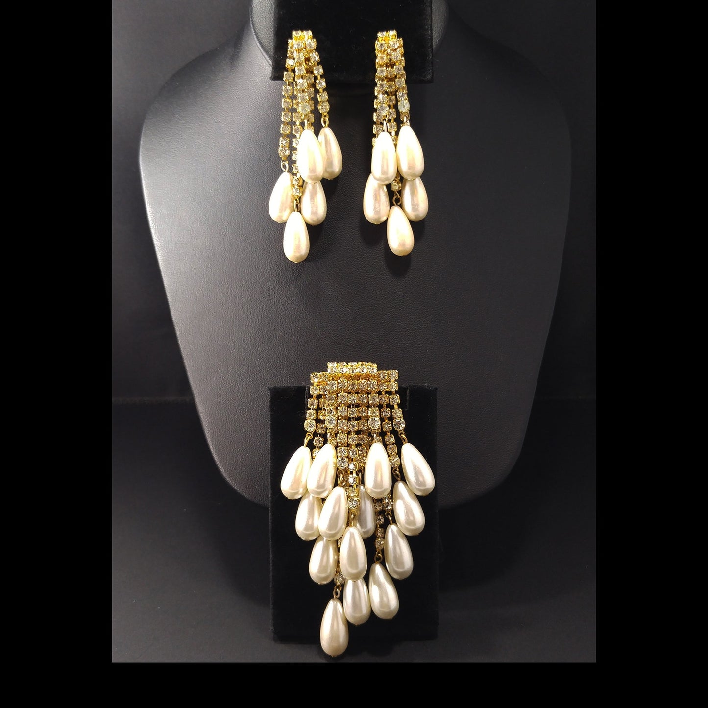 Vintage Rhinestone Gold Plated Brooch & Earrings, Faux Pearls, 1970s