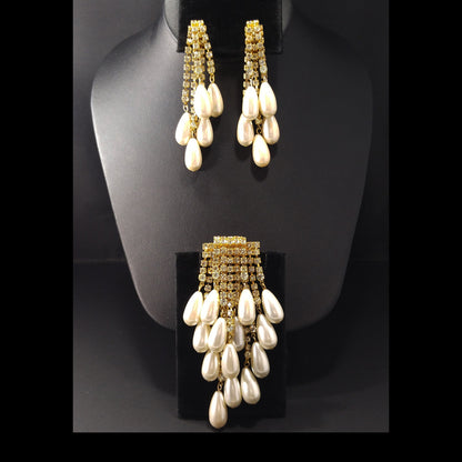 Vintage Rhinestone Gold Plated Brooch & Earrings, Faux Pearls, 1970s