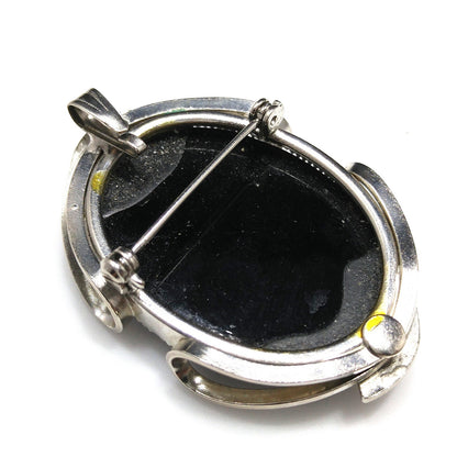 Black Glass Intaglio Cameo Brooch & Clip Earrings, 1960s Vintage Jewelry