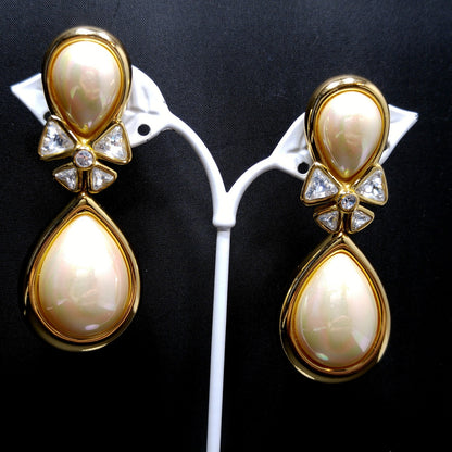 Vintage Christian Dior Large Faux Pearl Dangle Clip Earrings, Gold Plated, 1980s