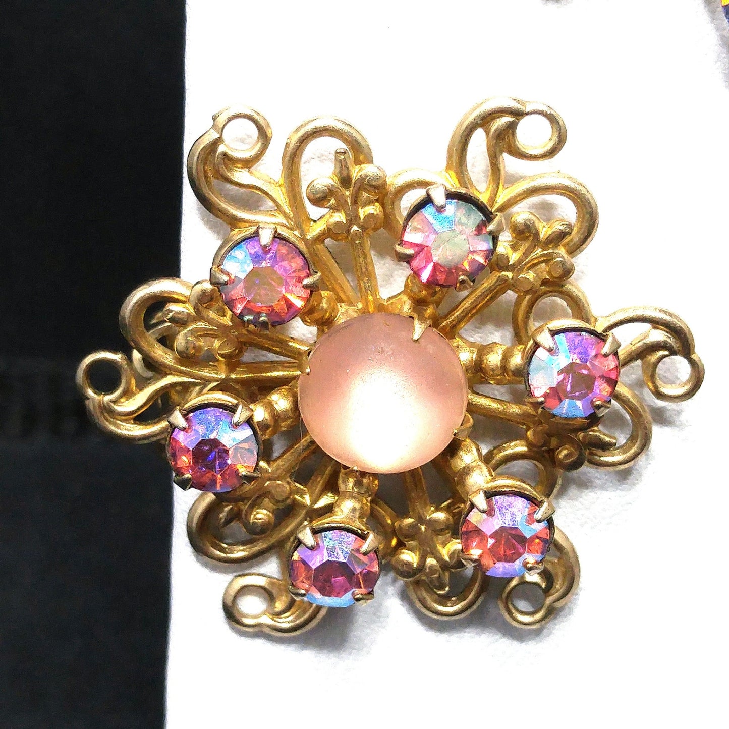 Vintage Pink Aurora Borealis Brooch Earrings Set, Pink Cabochons, 1950s Vintage Jewelry