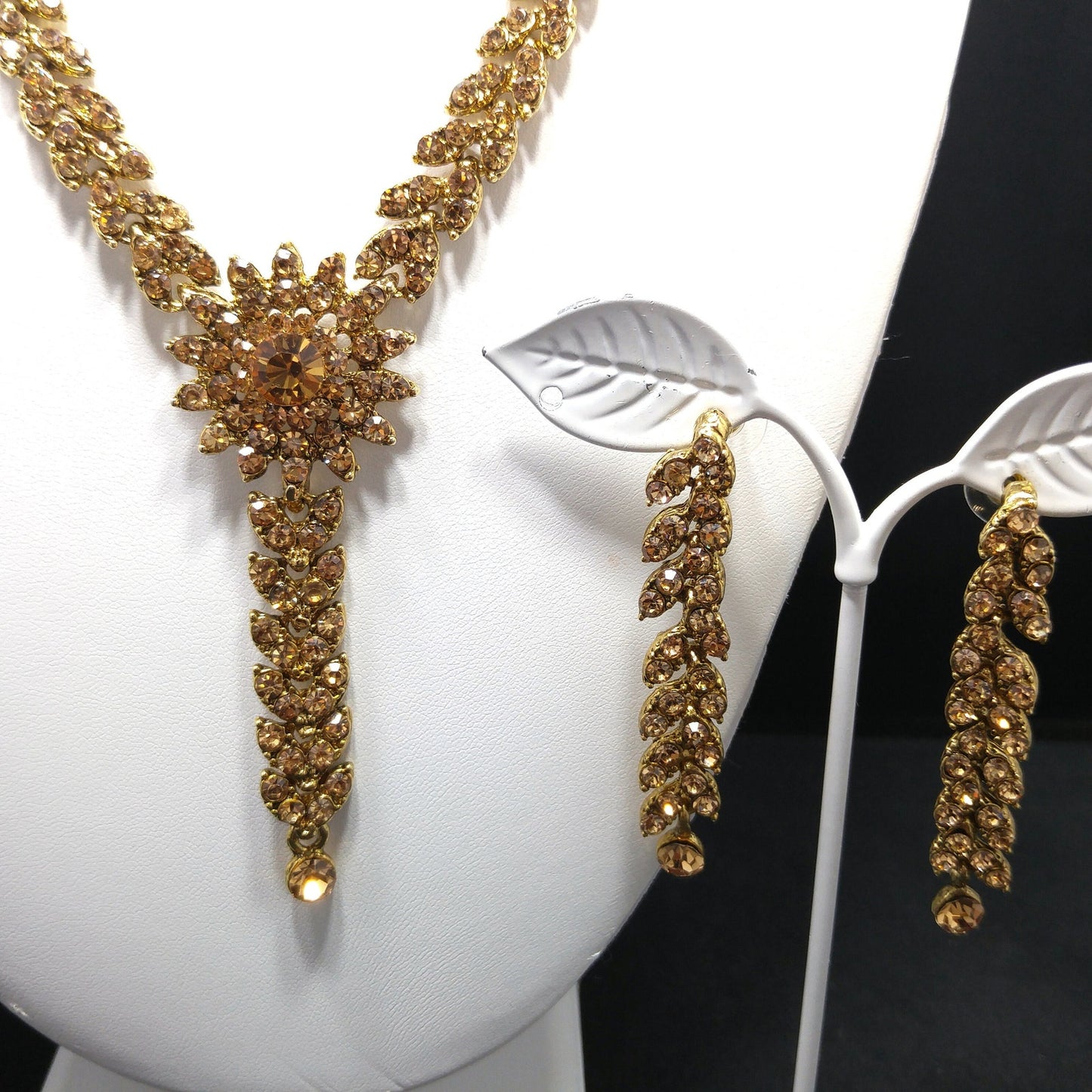 Light Topaz Rhinestone Necklace Post Earrings Set, Gold Plated, 1990s Vintage Jewelry