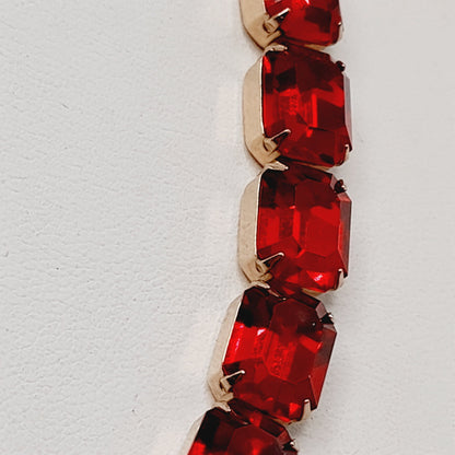 WEISS Vintage Red Rhinestone Choker Necklace – Gold Plated Holiday Statement Jewelry