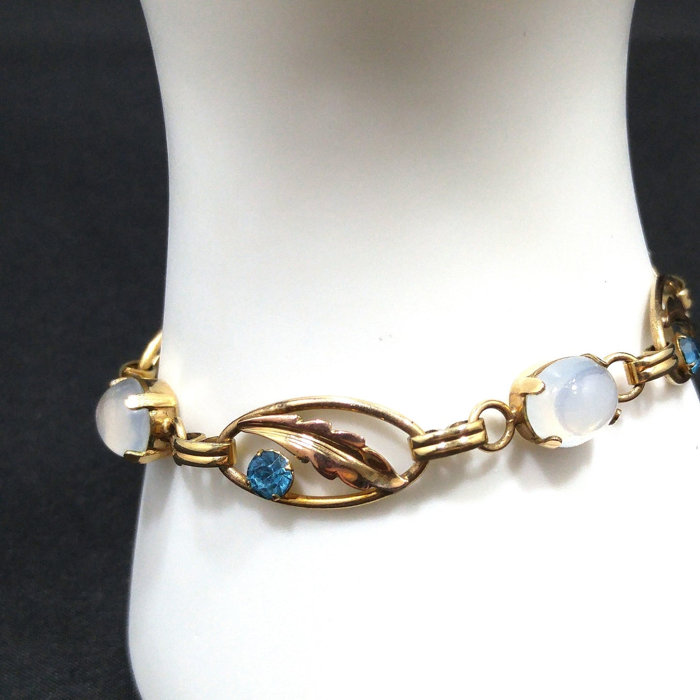 Van Dell 12K Gold Over Sterling Leaves Bracelet, Faux Moonstones, Blue Rhinestones, 1940s Vintage Jewelry
