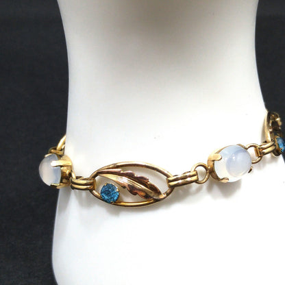 Van Dell 12K Gold Over Sterling Leaves Bracelet, Faux Moonstones, Blue Rhinestones, 1940s Vintage Jewelry