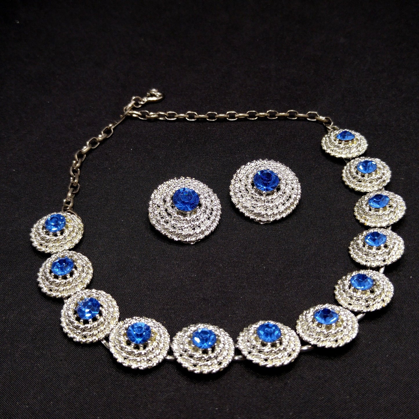 Blue Rhinestone Necklace Clip Earrings, Rhodium Plated Links, 1950s Vintage Jewelry