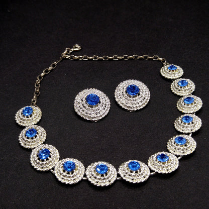 Blue Rhinestone Necklace Clip Earrings, Rhodium Plated Links, 1950s Vintage Jewelry