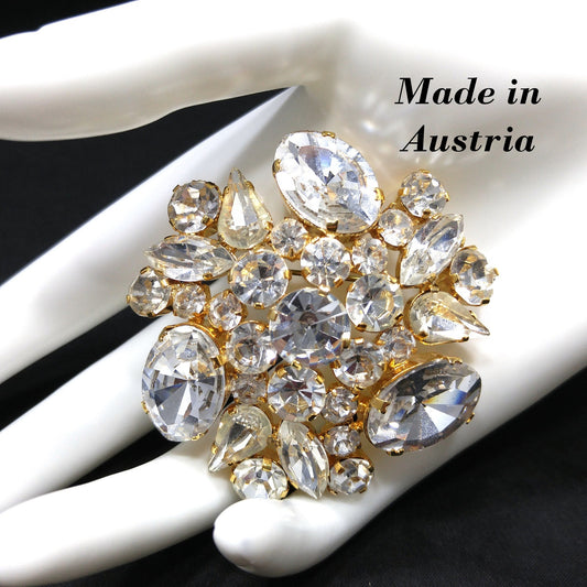 Austria Clear Rhinestone Brooch, Gold Plated, Large Oval Foil Back Rhinestones, 1960s Vintage Jewelry