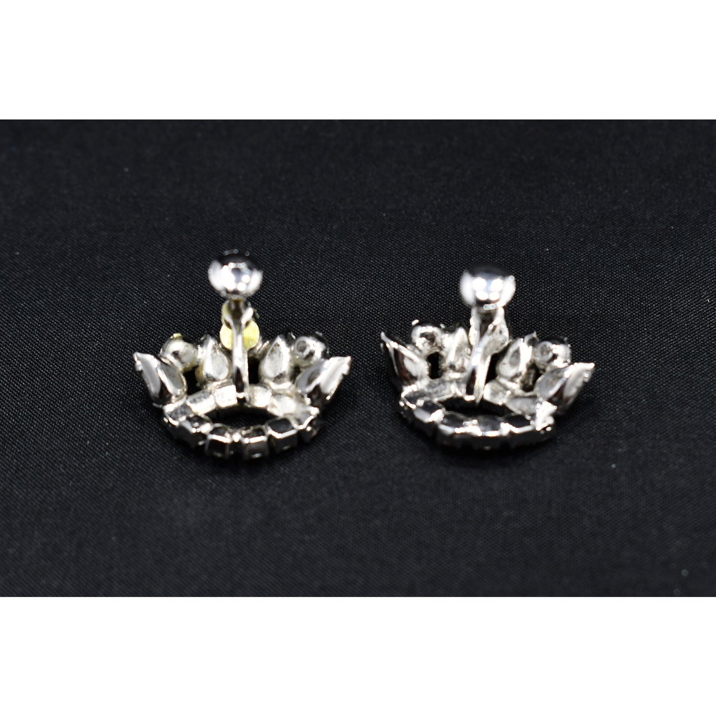 Rhinestone Crown Screw Back Earrings, Unsigned B. David, 1950s Vintage Jewelry