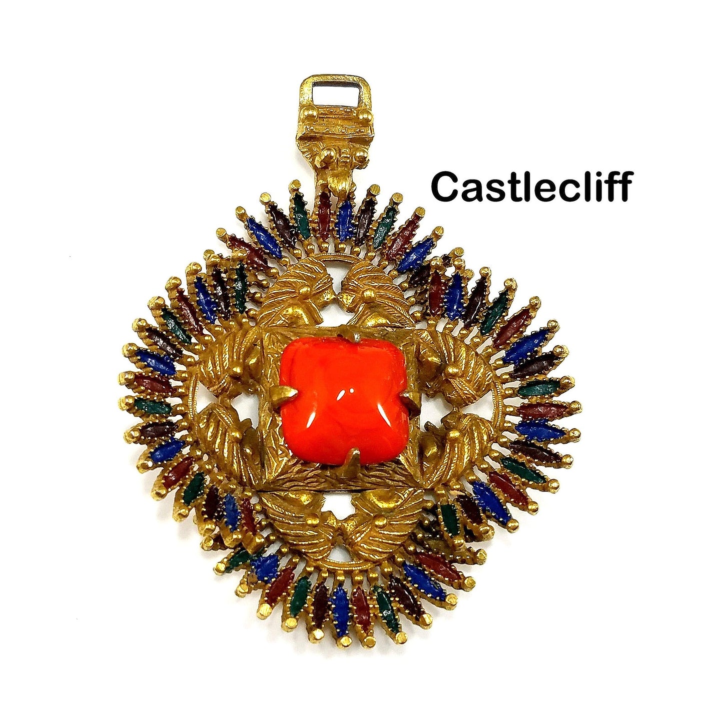 Vintage Castlecliff Pendant Orange Art Glass Gold Enamel Large Statement Jewelry