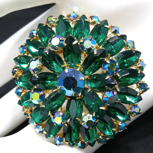 Green Aurora Borealis Rhinestone Brooch, Gold Plated, Two Tier, 1960s Vintage Jewelry
