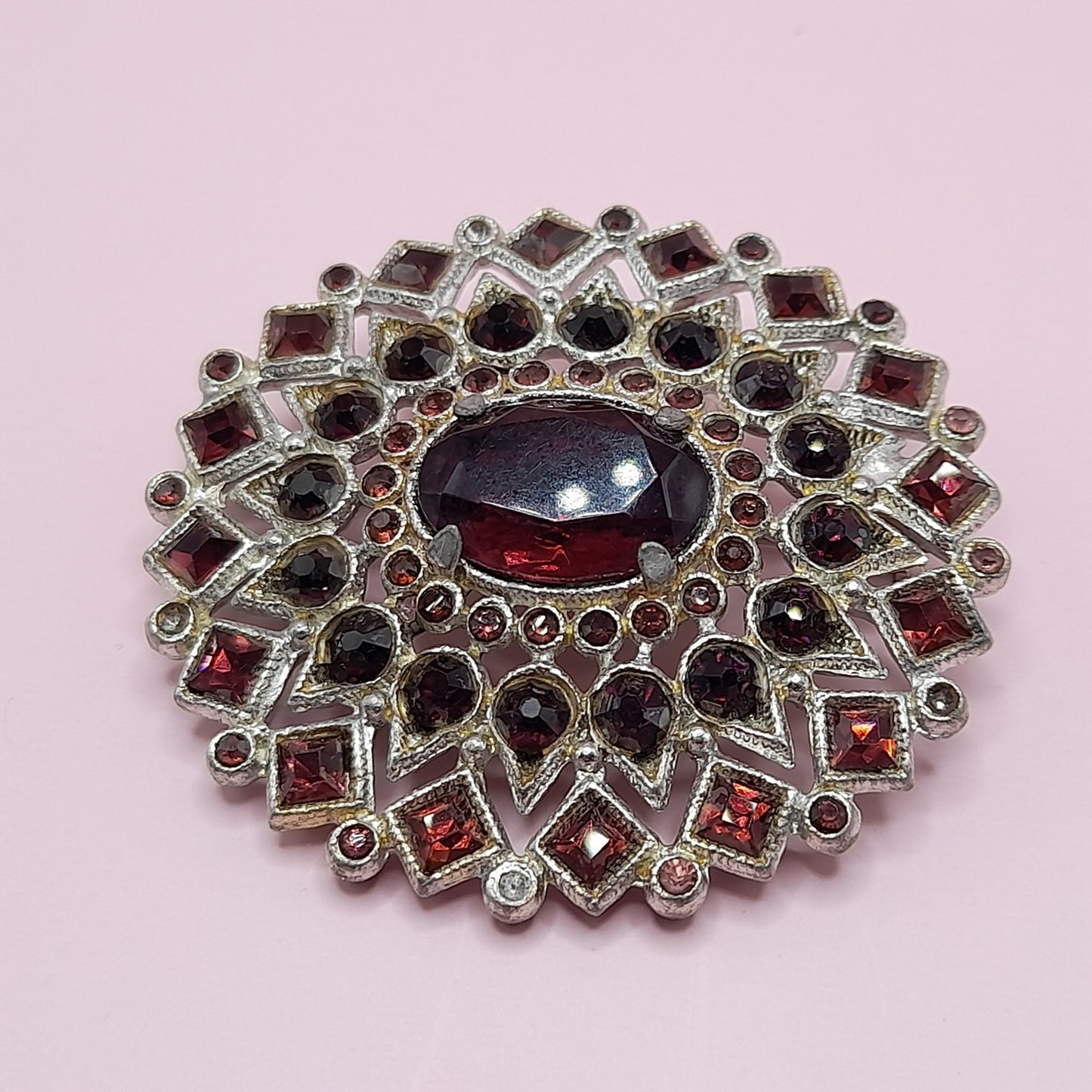 Vintage Purple Rhinestone Oval Brooch, Pot Metal, C Clasp, 1930s