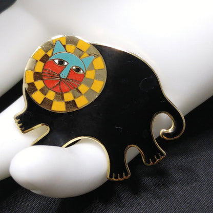 Laurel Burch "Bartholomew" Brooch, Gold Plated Cloisonné, Black Gold Enamel, 1980s Vintage Jewelry