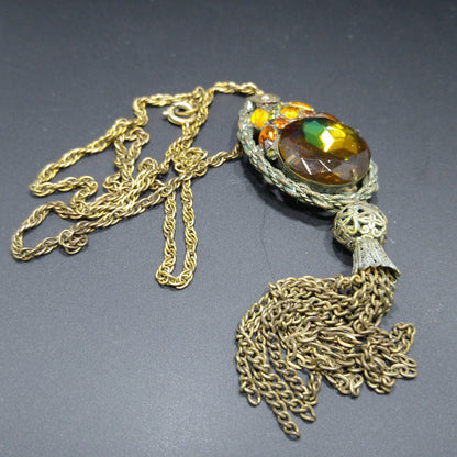 Victorian Purple Topaz Glass Pendant Necklace, Golden Brass, 1920s Vintage Jewelry