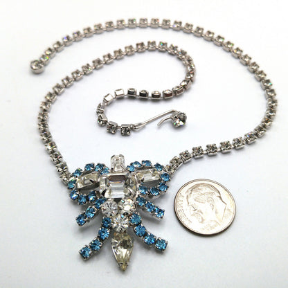 Mid-Century Turquoise Blue Clear Rhinestone Choker Necklace, Rhodium Plated, 1960s Vintage Jewelry