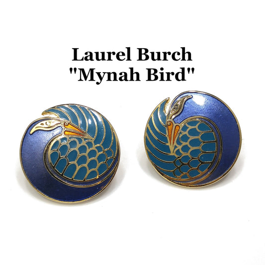 Laurel Burch "Mynah Bird" Blue Post Earrings, Gold Plated Cloisonné, 1980s