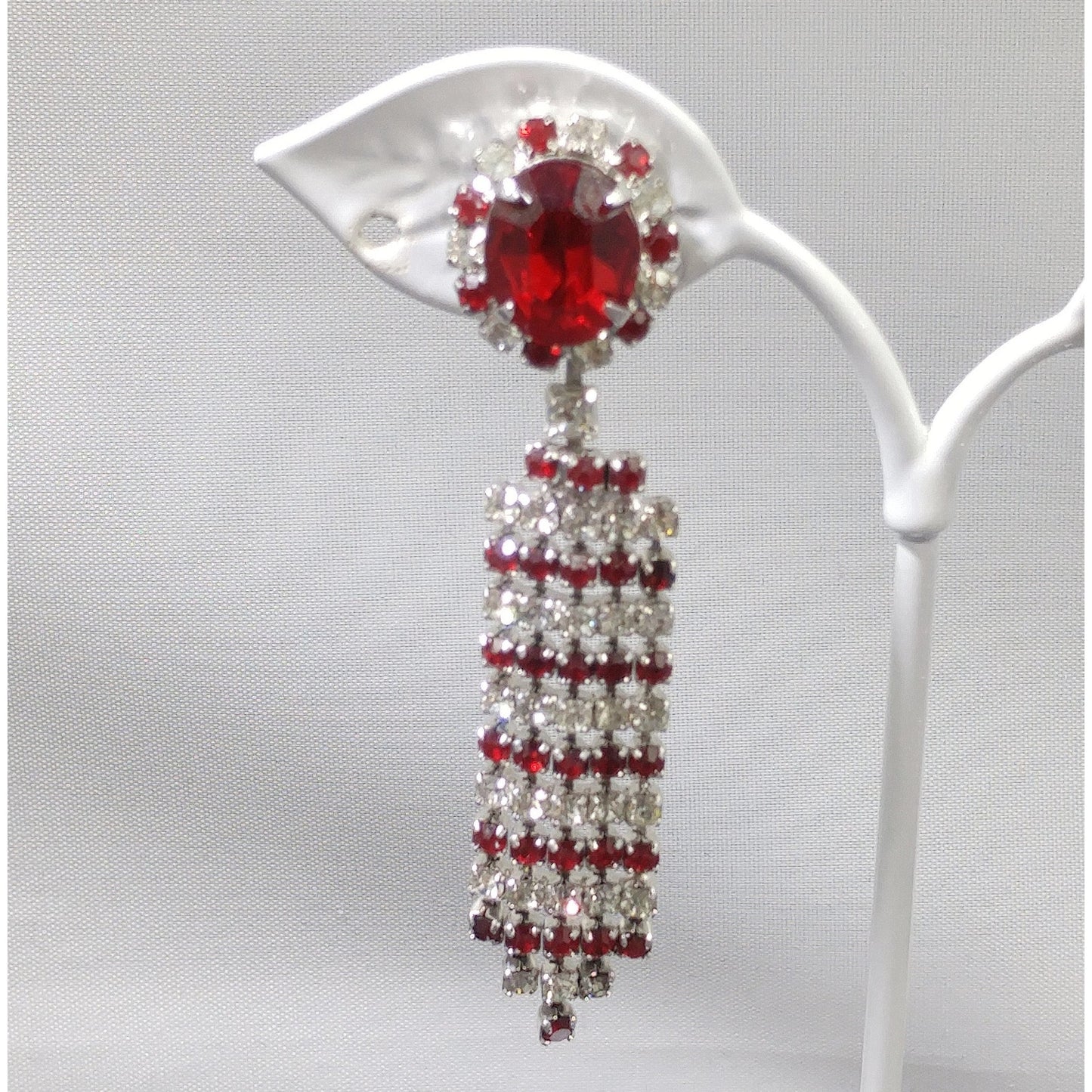 Red & Clear Long Rhinestone Earrings, Dangle , 1960s Vintage Jewelry