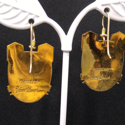 Laurel Burch "Miikio" Earrings, Gold Plated Enamel Large Cat Faces, 1980s Vintage Jewelry