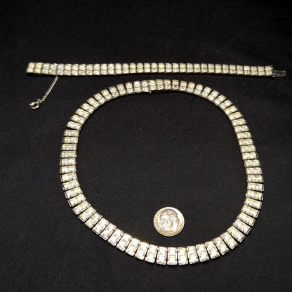 Art Deco Clear Rhinestone Choker Necklace Bracelet Set, Wedding Bridal, 1950s Vintage Jewelry