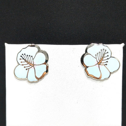 Vintage Laurel Burch "Hibiscus" Blue Post Earrings, Rhodium Plated Silver Tone
