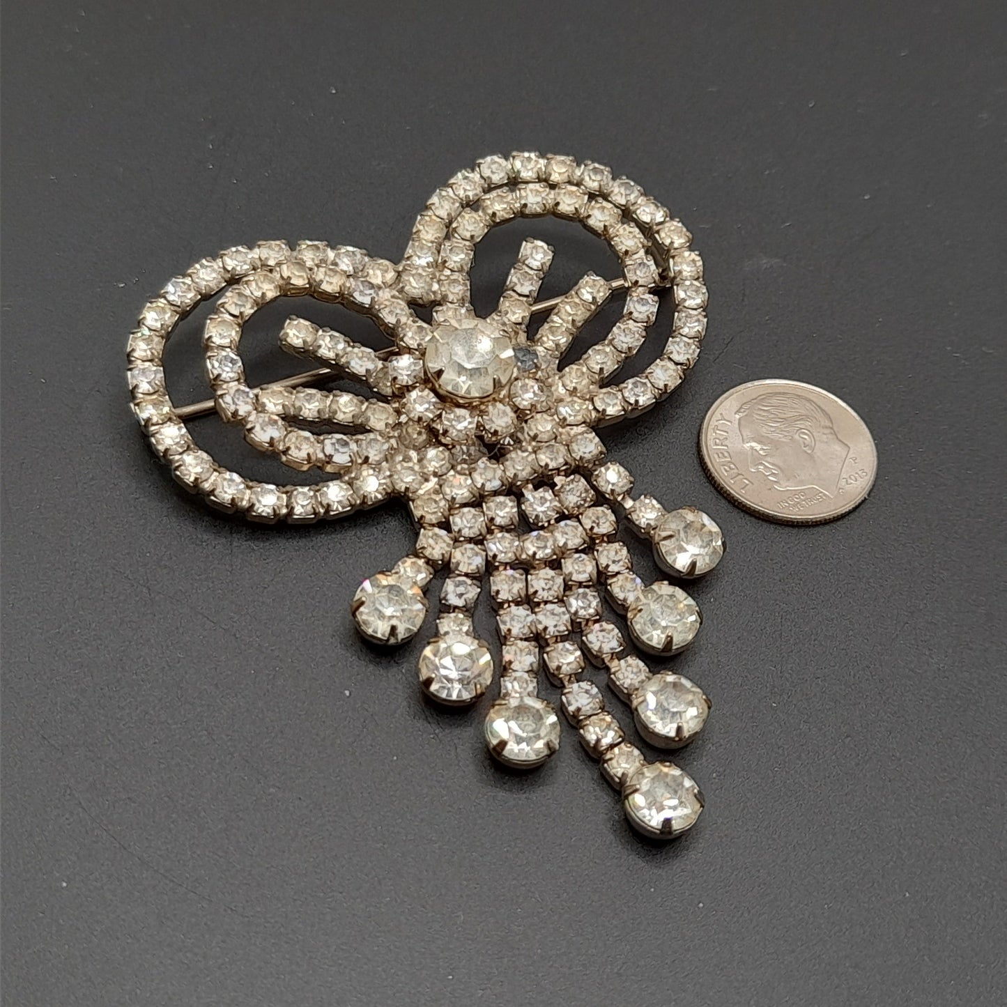 Vintage Clear Rhinestone Bow Brooch, Silver Tone Dangle Design, Midcentury Sparkle, 2 3/4 Inches