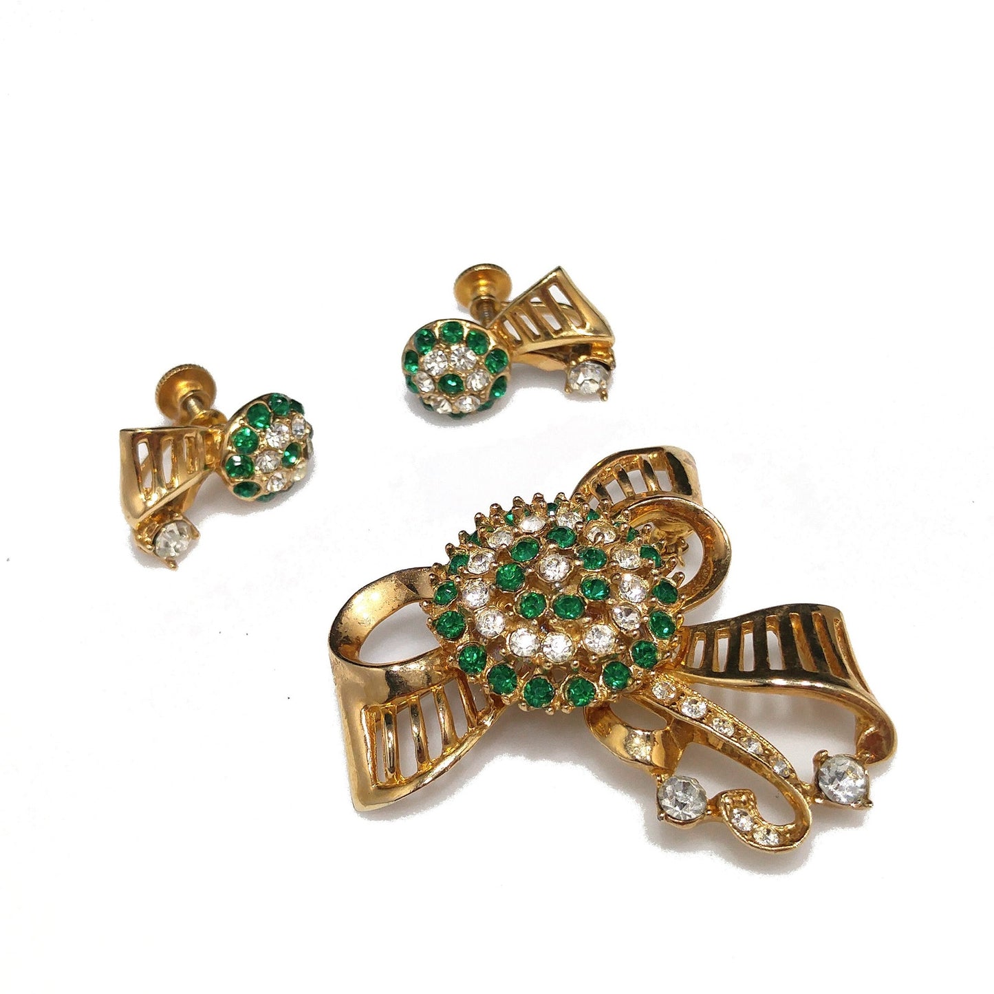 Green Rhinestone Brooch & Earrings, Gold Plated, 1940s Vintage Jewelry