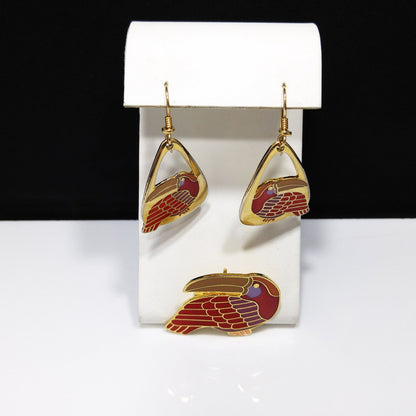 Vintage Laurel Burch Red Toucan Brooch Pendant & Earrings, Gold Plated, 1980s