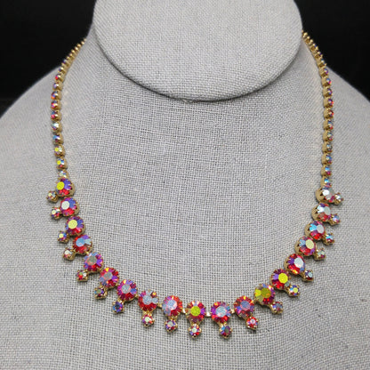Red Rhinestone Aurora Borealis Choker Necklace, Gold Plated, 1960s Vintage Jewelry