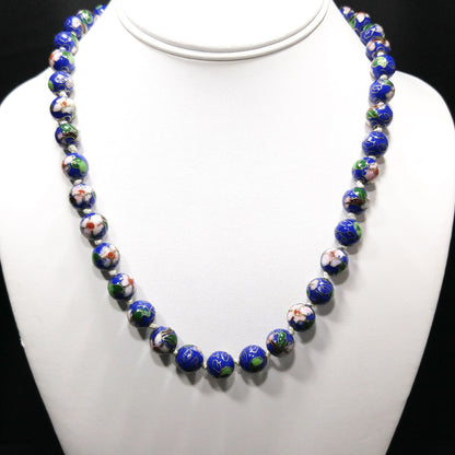 Cloisonne Blue Beaded Necklace, Floral Hand Painted Beads, 1960s Vintage Jewelry
