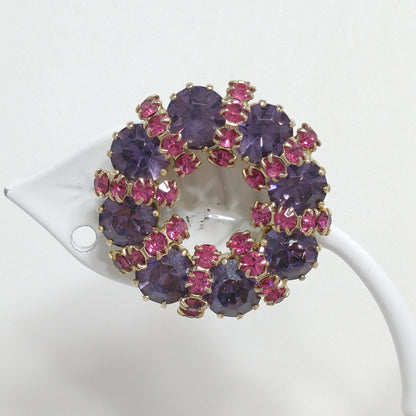 Weiss Pink and Lavender Rhinestone Wreath Brooch and Earrings Set – 1950s Gold Plated