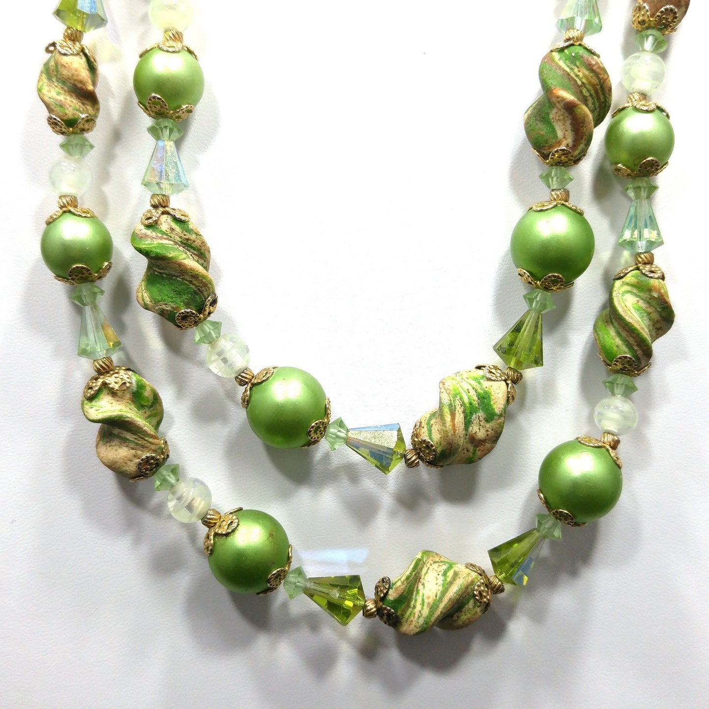 Vendome Green Art Bead Two Strand Necklace with Crystals Vintage 1960s